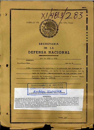 Imagen de Documentos sobre la adopción del sistema federal en Puebla, correspondencia entre Generales (atribuido)