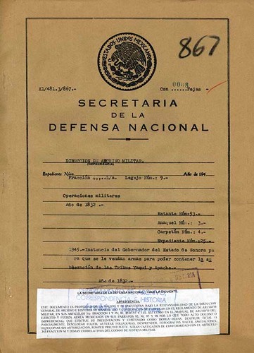 Imagen de Instancia del Gobernador del Estado de Sonora para que se le vendan armas para poder contener la sublevación de las tribus yaqui y apache (propio)