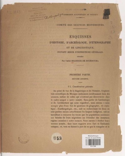 Imagen de Esquisses d'histoire, d'archéologie, d'éthnographie et de linguistique pour servir d'instructions générales... (Signé: abbi Brasseur de Bourbourg)
