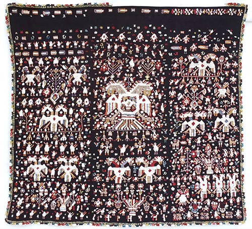 Imagen de Tlamachayatl (propio); Textil con águila bicéfala (atribuido)