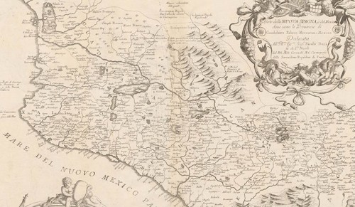 Imagen de Parte della Nuova Spagna, ò del Mexico (title); doue sono le Provincie di Guadalaira Xalisco Mecoacan e Mexico; Dedicata All Illmo. Eccmo. Sigr. Nicolò Donà fu de Sre. Nicolò (subtitle)