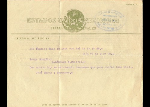 Imagen de Telegrama de José Chong y sus hermanos a Jorge Wongñis (atribuido)