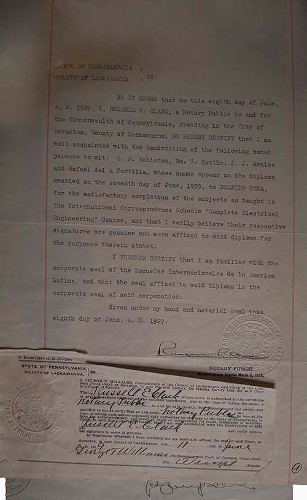 Imagen de Acta notarial que certifica los estudios de ingeniería eléctrica de Delfino Peña (atribuido)