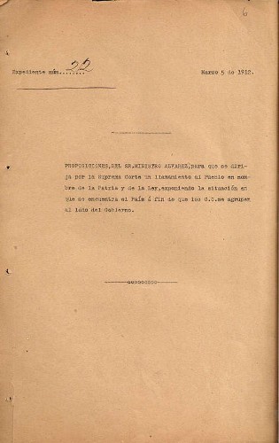 Imagen de Proposición presentada por el Ministro Emilio Álvarez sobre dirigir un llamamiento al Pueblo en nombre de la Patria y de la Ley (atribuido).