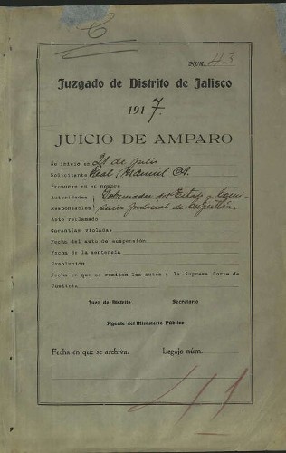 Imagen de Juicio promovido por Manuel A. Real contra la orden del Poder Ejecutivo del Estado y los actos del Comisario Municipal de Cuyutlán (atribuido)