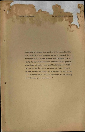 Imagen de Expediente ejecutivo 61305/1913, formado con motivo de la comunicación dirigida a la Suprema Corte por el general Victoriano Huerta, manifestando haber asumido el Poder Ejecutivo (atribuido)