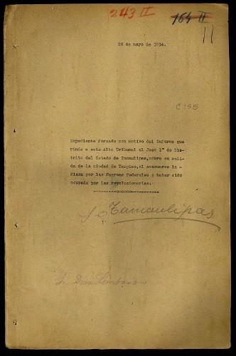 Imagen de Expediente 61323/1914, formado con motivo de la evacuación del Juez Primero de Distrito de Tamaulipas, al ser Tampico ocupada por los revolucionarios (atribuido)