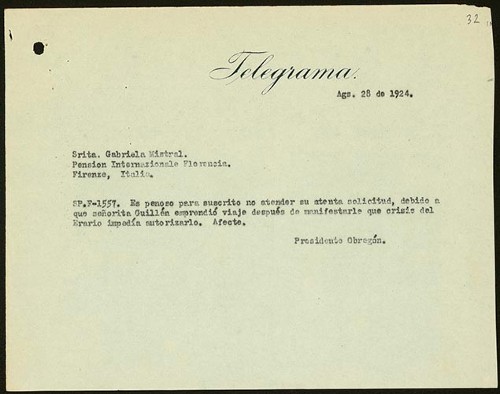 Imagen de Telegrama del presidente Álvaro Obregón a Gabriela Mistral (atribuido)