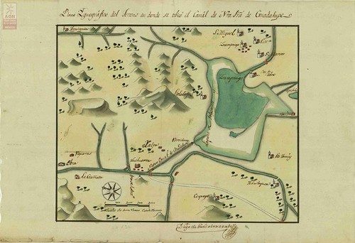 Imagen de Plano iconográfico del terreno en donde se ubicó el canal de Nuestra Señora de Guadalupe (atribuido)