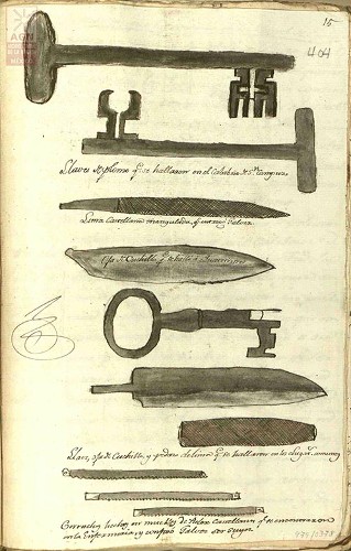 Imagen de Llaves, limas, sierras y cuchillos, en expediente sobre portación de armas prohibidas (atribuido)