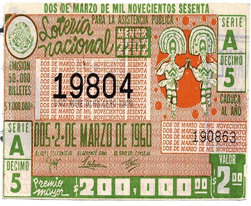 Imagen de Billete de Lotería Nacional ilustrado con unos hombres bailando la danza de la pluma, del día dos de marzo del año mil novecientos sesenta (atribuido)