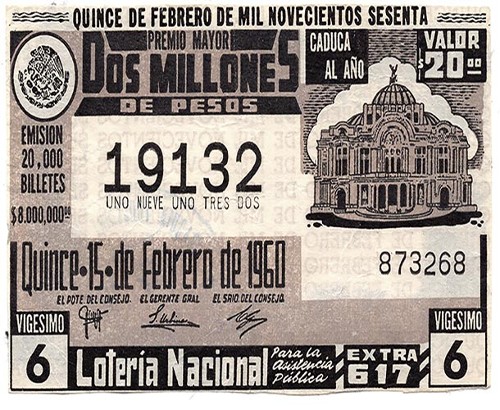Imagen de Billete de Lotería Nacional ilustrado con el Palacio de las Bellas Artes, del día quince de febrero del año mil novecientos sesenta (atribuido)