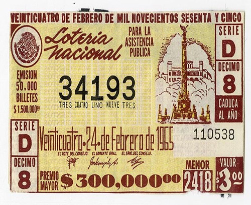 Imagen de Billete de Lotería Nacional ilustrado con el Ángel de la Independencia y de fondo el castillo de Chapultepec, veinticuatro de febrero del año mil novecientos sesenta y cinco (atribuido)