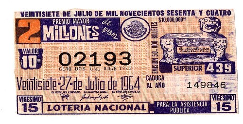 Imagen de Billete de Lotería Nacional ilustrado con la escultura del jaguar rojo, del veintisiete de julio del año mil novecientos sesenta y cuatro (atribuido)