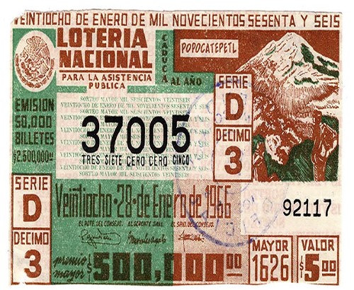 Imagen de Billete de Lotería Nacional ilustrado con el Popocatépetl, del día veintiocho de enero del año mil novecientos sesenta y seis (atribuido)