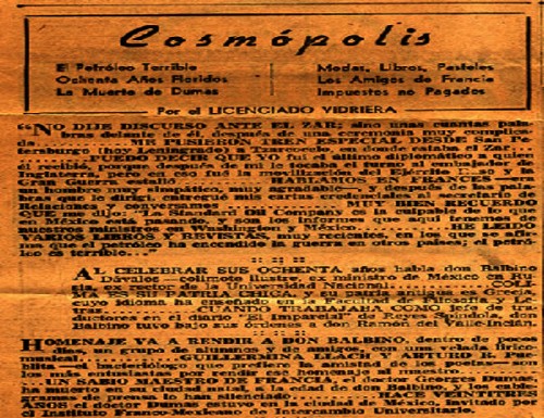 Imagen de Recorte de la columna Cosmópolis, de Excélsior, escrita por “el Licenciado Vidriera” (atribuido)