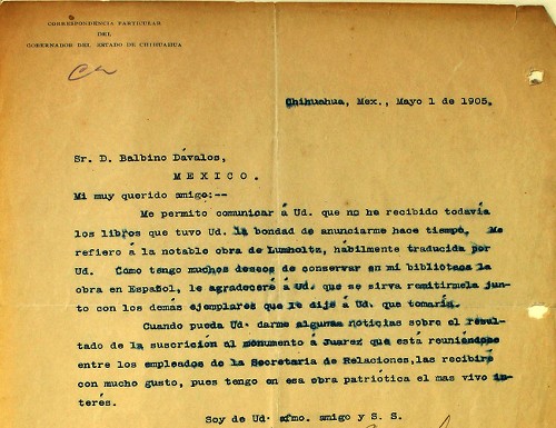 Imagen de Carta del gobernador de Chihuahua Enrique Creel a Balbino Dávalos (atribuido)