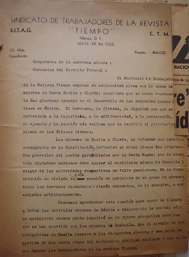 Imagen de Carta del Sindicato de trabajadores de la Revista Tiempo (atribuido)