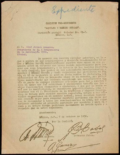 Imagen de Carta de la Comisión pro-monumento "Aquiles y Máximo Serdán" a Jenaro Amezcua (atribuido)