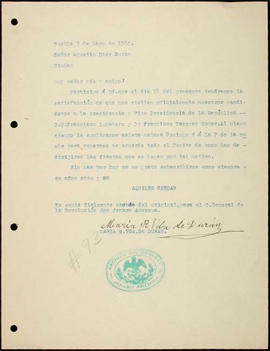 Imagen de Carta para dar aviso sobre la visita oficial de los candidatos Francisco I. Madero y Francisco Vázquez Gómez (atribuido)