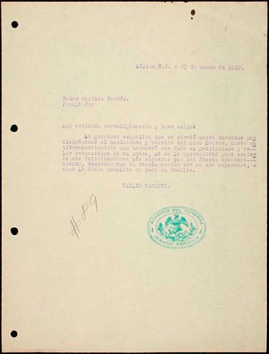 Imagen de Carta de Emilio Vázquez a Aquiles Serdán: felicitaciones (atribuido)