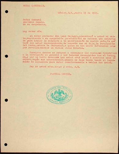 Imagen de Carta de Pascual Orozco a Emiliano Zapata, solicita una entrevista para hablar sobre la pacificación (atribuido)