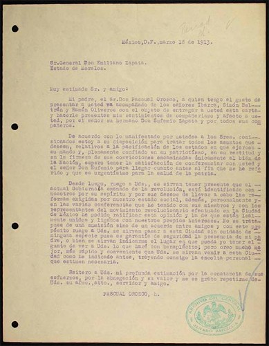 Imagen de Carta de Pascual Orozco a Emiliano Zapata, para informar que está dispuesto a hablar sobre la pacificación (atribuido)