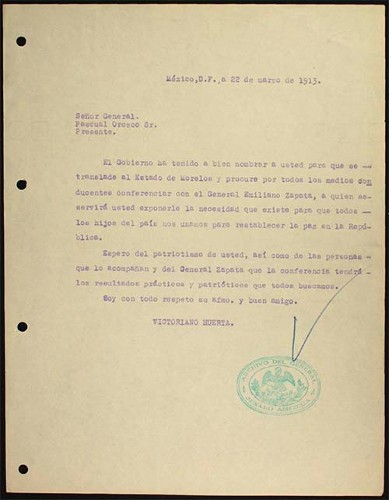 Imagen de Carta de Victoriano Huerta a Pascual Orozco (atribuido)