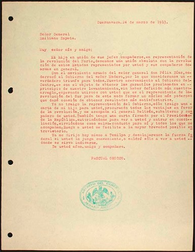 Imagen de Carta de Pascual Orozco a Emiliano Zapata, donde insiste en entrar en contacto (atribuido)
