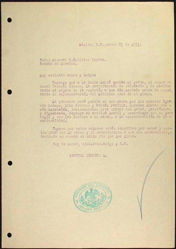 Imagen de Carta de Pascual Orozco a Emiliano Zapata, presentación de comisión con instrucciones de paz (atribuido)