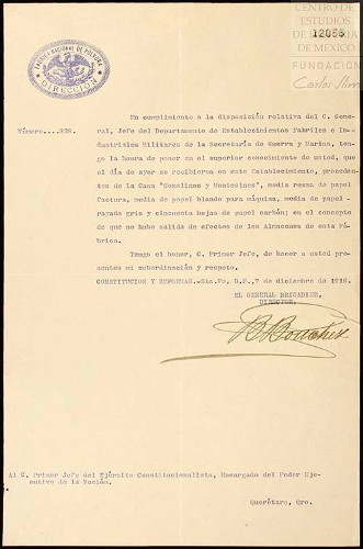 Imagen de Comunica que recibió material de Somolinos y Montesinos y que no hubo salida de efectos de la Fábrica Nacional de Pólvora (atribuido)