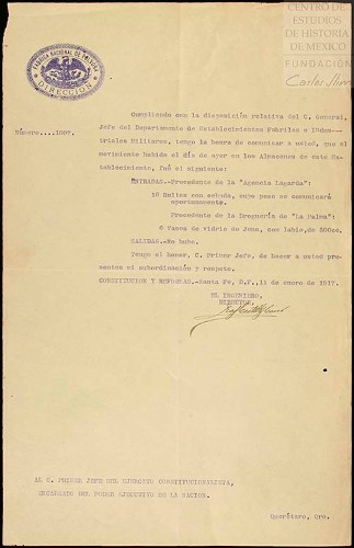 Imagen de Informa del movimiento registrado en los almacenes de la Fábrica Nacional de Pólvora el día 10 de enero de 1917 (atribuido)