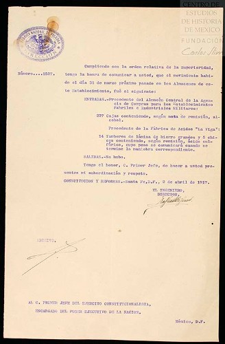 Imagen de Informa del movimiento registrado en los almacenes de la Fábrica Nacional de Pólvora el 31 de marzo de 1917 (atribuido)