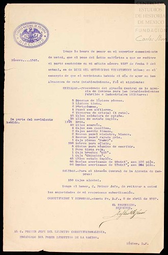 Imagen de Informa cuál fue el movimiento registrado en los almacenes de la Fábrica Nacional de Pólvora el día anterior (atribuido)