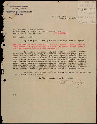 Imagen de Carta dirigida a Venustiano Carranza, se le presenta renuncia al cargo de Agente Constitucionalista (atribuido)