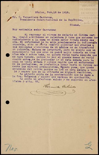 Imagen de Adjunta la carta que dirigió a Florence T. Griswood y espera su aprobación. Indica que no podrá ir a verlo debido a que se encuentra mal de salud (atribuido)