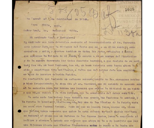 Imagen de Carta dirigida a Francisco Villa, lo exhorta para que desista de su intento de desconocer a Venustiano Carranza como Primer Jefe del Ejército Constitucionalista (atribuido)
