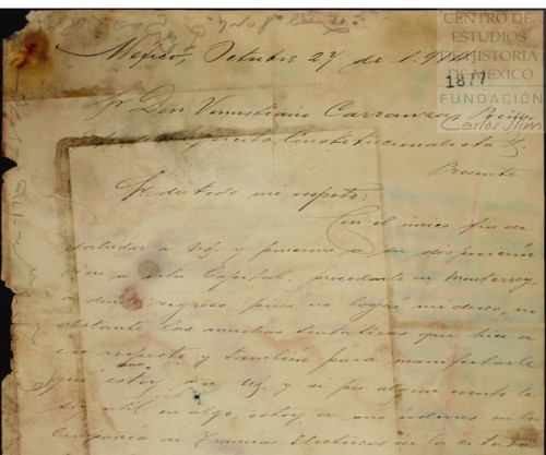 Imagen de Carta dirigida a Venustiano Carranza donde Francisco Arzato, manifiesta estar a sus órdenes en la Compañía de Tranvías Eléctricos (atribuido)