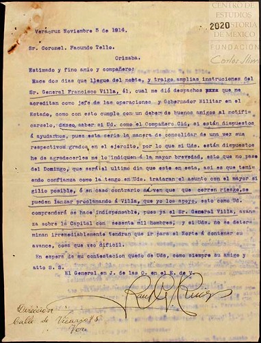 Imagen de Carta dirigida a Facundo Tello donde Raúl G. Ruíz, comunica que tiene instrucciones de Francisco Villa y ha sido nombrado Gobernador y Comandante Militar del Estado (atribuido)