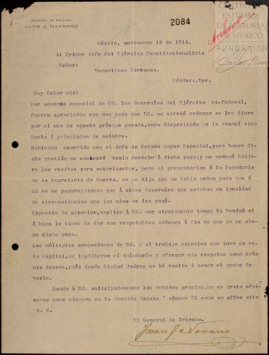 Imagen de Carta donde Juan J. Navarro solicita que se le pague, igual que a otros generales del Ejército Constitucionalista (atribuido)
