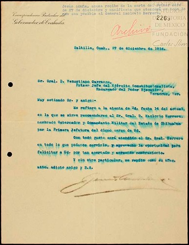 Imagen de Carta dirigida a Venustiano Carranza donde Jesús Acuña, comunica que Maclovio Herrera será atendido (atribuido)