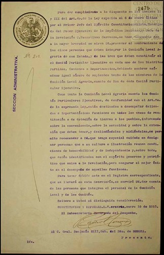 Imagen de Ordena nombrar a las personas que deben integrar la Comisión Local Agraria del estado de Veracruz, las que deben constituir el Comité Particular Ejecutivo para cumplir con la Ley del 6 de enero, 1915 (atribuido)