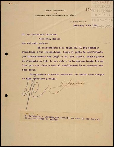 Imagen de Carta dirigida a Venustiano Carranza donde Eliseo Arredondo, notifica que atendió a José N. Macías (atribuido)