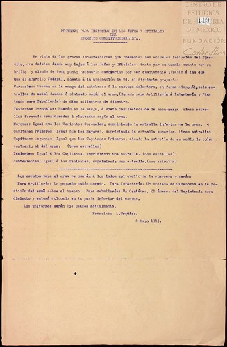 Imagen de Oficio firmado por Francisco L. Urquizo en el que habla del proyecto de insignias, jefes y oficiales del Ejército Constitucionalista (atribuido)