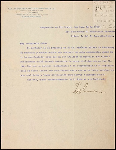 Imagen de Carta de Lucio Blanco dirigida a Carranza en la que solicita el traslado del mecánico Jerónimo Siller (atribuido)