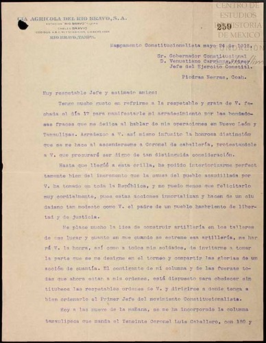 Imagen de Carta de Lucio Blanco dirigida a Carranza agradeciendo su ascenso y dando informes de movimientos militares para tomar Matamoros (atribuido)
