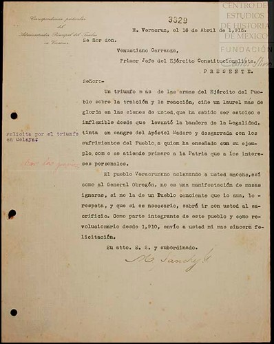 Imagen de Carta dirigida a Venustiano Carranza donde G. M. Sánchez, lo felicita por el triunfo de Celaya (atribuido)