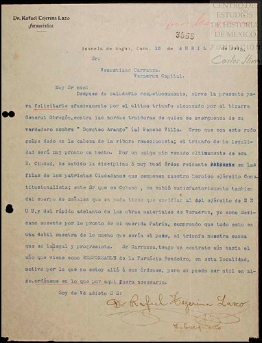 Imagen de Carta dirigida a Venustiano Carranza donde Rafael Tijerina Lazo, manda felicitaciones por su triunfo en Celaya (atribuido)