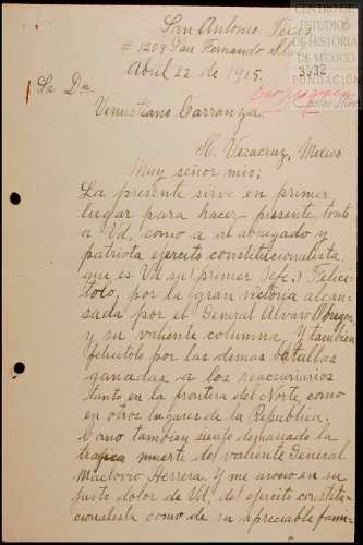 Imagen de Carta dirigida a Venustiano Carranza donde José D. Cantú, lo felicita por la victoria alcanzada por Álvaro Obregón (atribuido)
