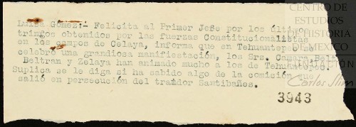 Imagen de Carta dirigida a Venustiano Carranza donde Luisa Gómez, lo felicita por su triunfo en Celaya (atribuido)